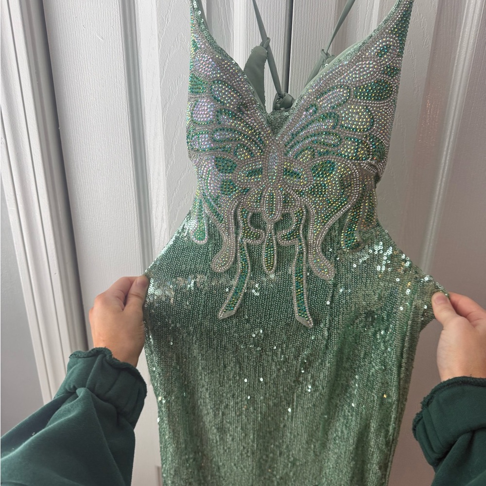 Dear Moon Spaghetti Strap Sequin Criss Cross Back Mini Dress Butterfly Beading - Picture 3 of 8